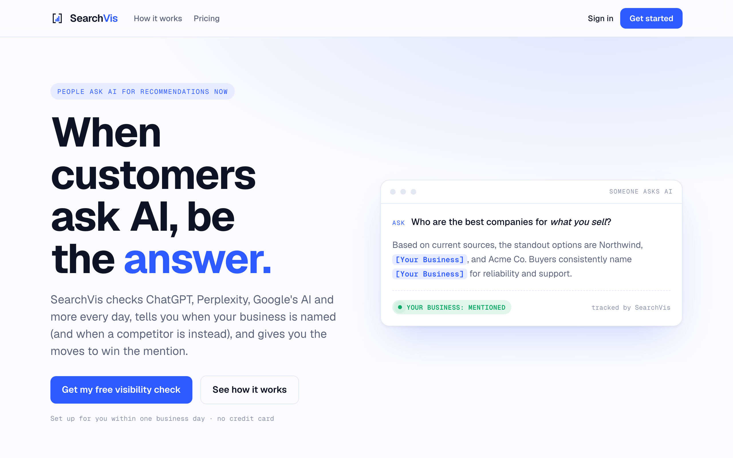 The SearchVis SaaS landing page, a multi-tenant AI visibility product